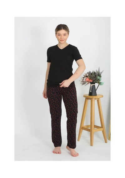 İkikareshop Kadın Kısa Kol Pamuk Penye Pijama Takım Siyah Çok Renkli
