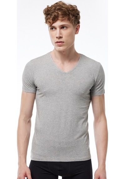 Malabadi Erkek Gri 2 Li V Yaka Kısa Kollu Pamuk Elastan Fanila T-shirt 092 Grimelanj
