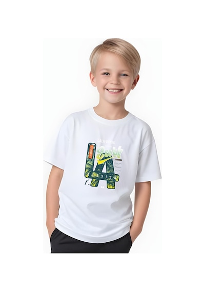Fyk Kids Erkek Çocuk Yuvarlak Yaka La Surf Erkek Baskılı T-shirt Beyaz