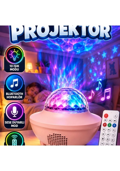 Ses Algılamalı Yıldız Ve Okyanus Projektörlü Gece Lambası Bluetooth Hoparlör, 10 Işık Modu Ve Uzak Renkli