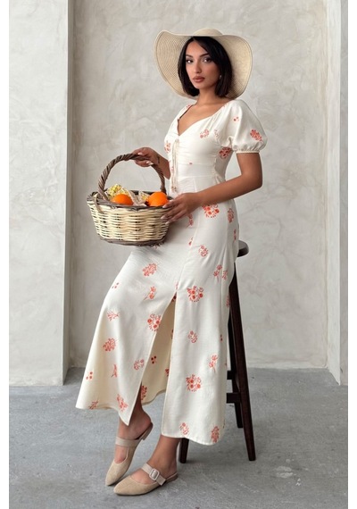 Verymoda Nakışlı Keten Görünümlü Elbise D2901 Oranj