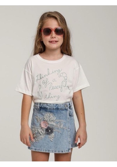 Escabel Kız Çocuk Pamuklu Yuvarlak Yaka Yarım Kol Simli T-shirt-15662 Beyaz
