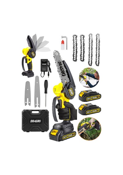 Dragro DRG-128z Sarı 128Vf 10 Ah Akülü Dal Kesme Budama Testere Bıçkı Makinesi - 4 Adet Zincir