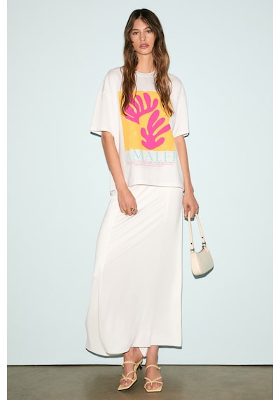 Grımelange VEYMIRA Kadın %100 Pamuk Bisiklet Yaka Kısa Kollu Oversize Fit Beyaz / Desenli T-Shirt