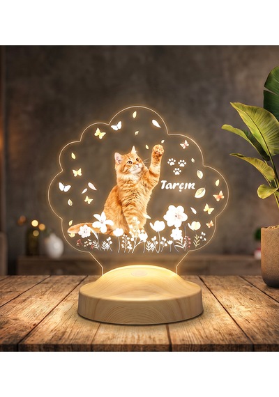 Kedi Fotoğraflı Led Lamba, Kişiye Özel Fotoğraf Ve İsimli Evcil Hayvan Temalı Lamba Hediye Tek Foto Kedi