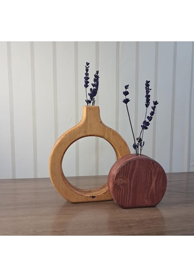 El Yapımı Ahşap Vazo Seti, Doğal Çam Ve Kırmızı Renkli, 18cm Halka Ve 12cm Yuvarlak, 2 Parça, Çiçek Aranjman Çok Renkli