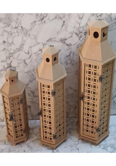 1448bng90235hobi Adn Dekoratif Fenerlik 3lü Set Ahşap Mdf Ham Cnc Kesim Oymalı Nakış El Yapımı