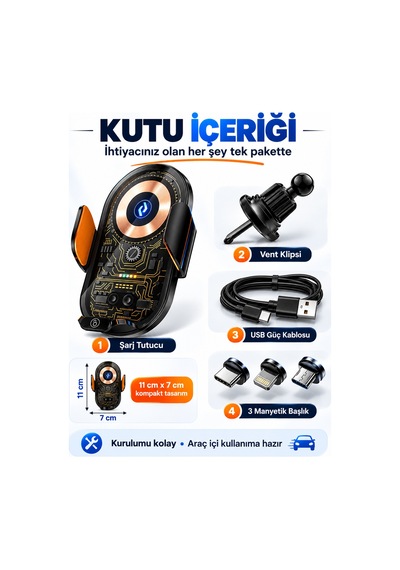 C13 Kablosuz Şarjlı Araç Telefon Tutucu Otomatik Açılıp Kapanan Kollu 360 Dönebilen Şeffaf Tasarım Metal Gövdeli Araç İçi Telefon Tutacağı