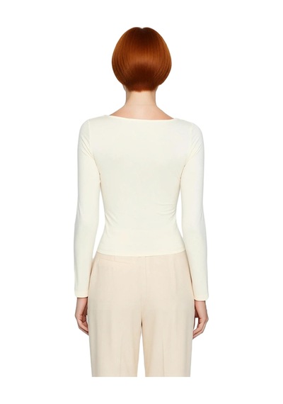 Frm Kadın Moda Şık Üst Giyim Crop Kayık Yaka Slim Kalıp Örme Pamuklu Taş