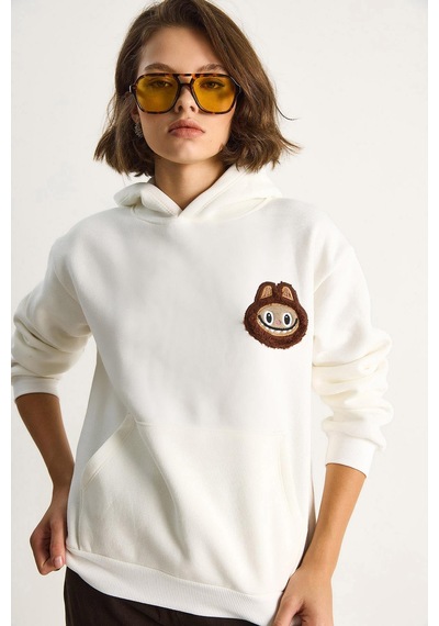Shade Kadın Nakış İşlemeli Kapüşonlu Kanguru Cepli Sweatshirt 6045 60284098 - Ekru