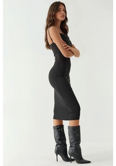 Hiccup Degaje Yaka Bodycon Midi Elbise Siyah