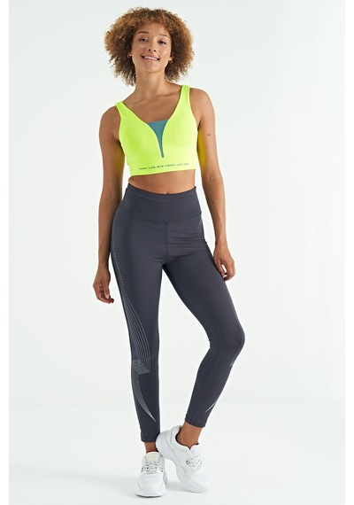 Tommy Life Neon Sarı Yazı Baskılı Renk Bloklu Dar Kalıp Dalgıç Kumaş Kadın Büstiyer - 97271 Neon Sarı