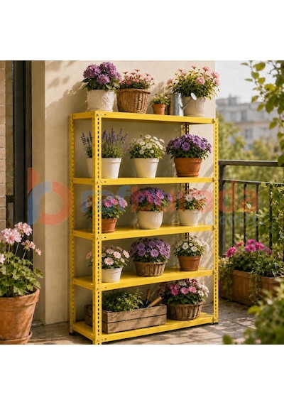 5 Katlı Renkli Dekoratif Çelik Raf - Çiçeklik Rafı, Ofis Rafı 0,70 Mm Mavi-59x75 Cm-200 Cm