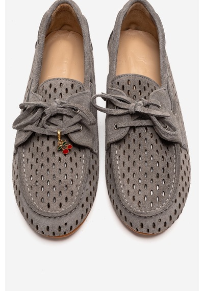 Luvishoes Stevo Gri Süet Hakiki Deri Delikli Bağcıklı Kadın Loafer Ayakkabı