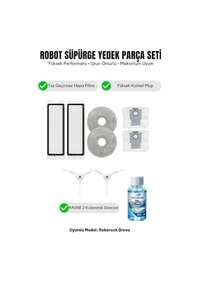 Roborock Qrevo İle Uyumlu 2 Beyaz Yan Fırça 2 Filtre 2 Mop 1 Deterjan 2 Toz Torbası 5.0