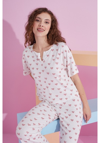 Siyah İnci Likralı Örme Pijama Takım 7803 Beyaz Kalp