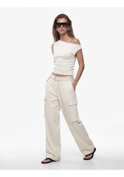 Koton Keten Görünümlü Slim Fit Asimetrik Kesim Drapeli Kolsuz Bluz Bej 6sak30042pw Ekru