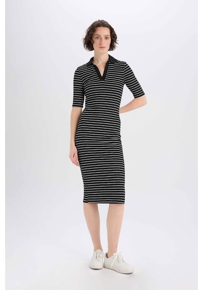 DeFacto Bodycon Vücudu Saran Polo Yaka Fitilli Kaşkorse Kısa Kollu Midi Elbise E6792AX25SPBK27