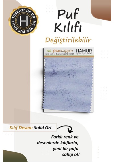 Yıkanabilir Puf Tabure Kılıfı Tak-Çıkar-Değiştir-Yenile Orta Sehpa Kılıfı Bb Solid Gri