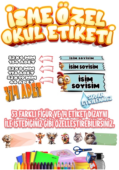 Okul Etiketi Kalem Defter Etiketi İsme Özel Etiket Set06