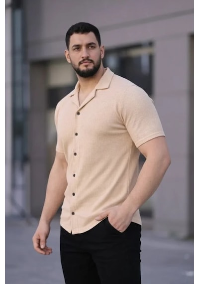 Etiler Collection Erkek Waffle Kumaş Kısa Kollu Düğmeli Açık Yaka Regular Fit Gömlek - Bej