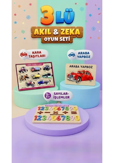 Eğitici Öğterici Ve Eğlenceli 3'lü Ahşap Yapboz Hikayeli Yapboz Ve Bul-tak Renkli Oyun Seti