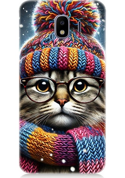 Samsung Galaxy J4 Duo Uyumlu Bereli Gözlüklü Tatlı Kedi Desenli Silikon Kılıf Çok Renkli