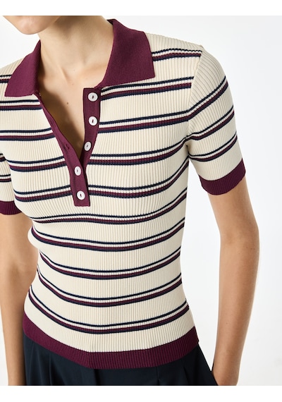 Koton Regular Fit Polo Yaka Çizgili Kısa Kollu Triko Kazak Bordo Çizgili 7wak90456ht