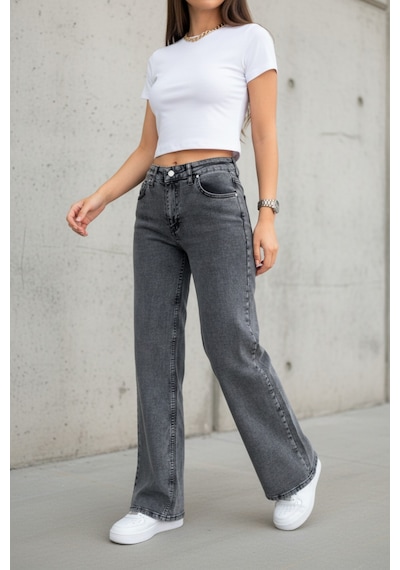 Woddi Nova Kadın Yüksek Bel Füme Salaş Jeans Wide Leg Geniş Paça Palazzo Kot Pantolon