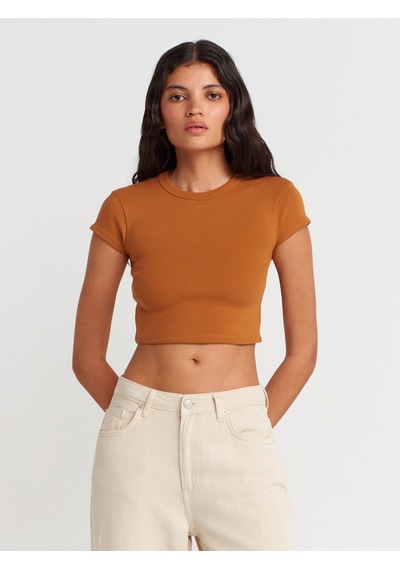Dilvin 31810 Bisiklet Yaka Crop T-shirt-a.kiremit A.kiremit
