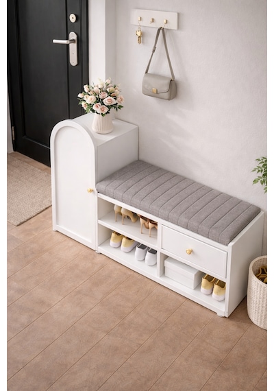 Kidy Woody Modern Oturaklı Puflu Ayakkabılık Beyaz Çok Amaçlı Antre Dolabı 120x40x70 Cm - Mdf Kapaklı Kidy Woody Modern Oturaklı Puflu Ayakkabılık Beyaz Çok Amaçlı Antre Dolabı 120x40x70 Cm - Mdf Kapaklı