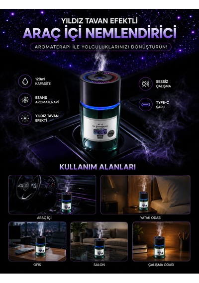 Araç İçi Hava Nemlendirici 120ml Yıldız Tavan Efektli Sessiz 300mah Şarjlı Araba Kokusu