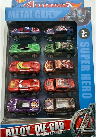 Oyuncak AVENGERS Temalı 10 Lu Kutulu Çek Bırak Metal Car 7 cm Araba Seti