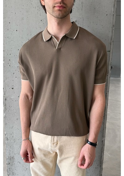 Erkek Oversize Selanik Polo Yaka Triko T-shirt Açık Kahve