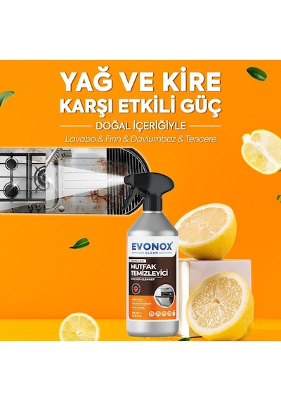 Evonox Clean Ultra Güçlü Mutfak Yüzey Temizleyici Ve Yağ Sökücü - Limon Kokulu Sprey 750 Ml 10'lu Set