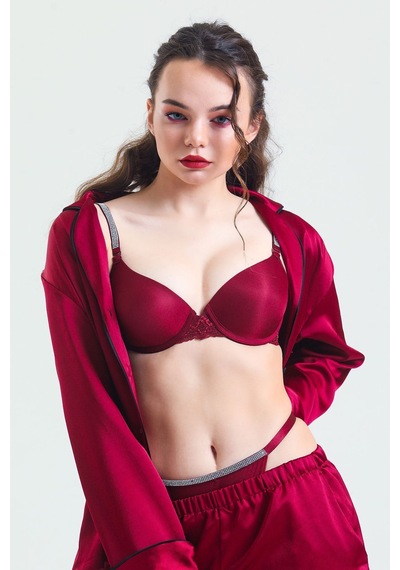 Magic Form Askısı Taşlı Dantelli Push Up Destekli Sütyen Bordo - 502016715 Bordo