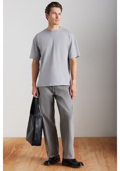 Grımelange Grımelange Jett Erkek Oversize Fit %100 Organik Pamuk Kalın Dokulu Bisiklet Yakalı Gri T-shirt Gri