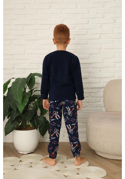 Yeni Stil Sonbahar/kış Erkek Çocuk Uzay Figür Astronot Desen Polar Pijama Takımı 4565 Lacivert