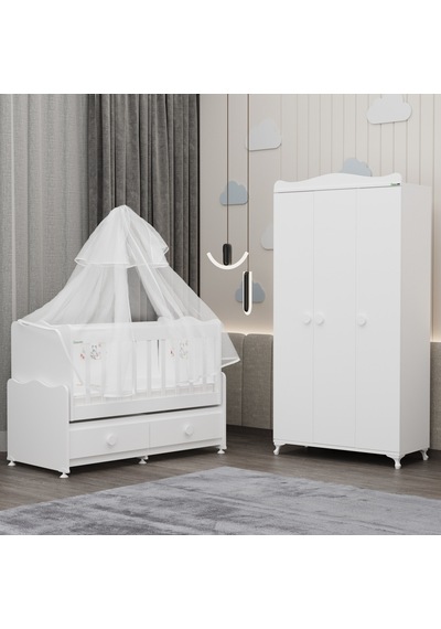 Elegant Beşik Ve Yıldız 3 Kapaklı Dolap Yatak Uykuseti - Beyaz Beyaz