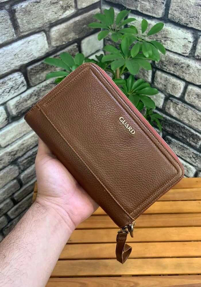 Guard Çift Fermuarlı Taba Deri El Çantası Çok Renkli