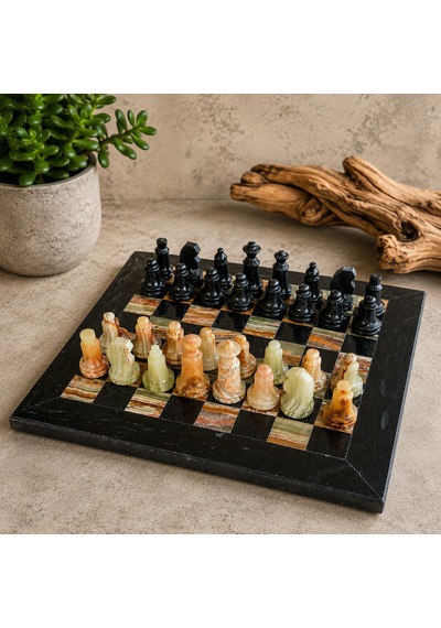 El Yapımı Siyah & Yeşil Oniks Doğal Taş Satranç Takımı 20x20 Cm 8 İnç Dekoratif Mermer Satranç Seti Hediyelik Premium Satranç
