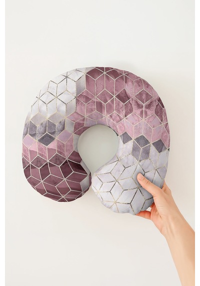 Geometrik Modern Desenli Boyun Yastığı - Altın Çizgili Pembe Gri Yumuşak Seyahat Yastığı Koyu Kanyon Kabak