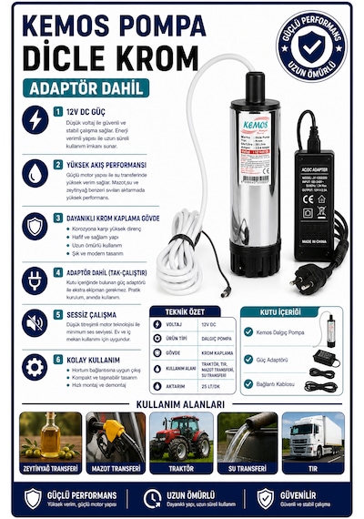 Dicle Krom 220-12 Volt Dalgıç Adaptörlü Mazot Aktarma Sıvı Transfer Pompası