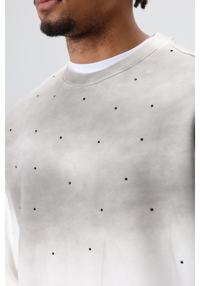 Vamos Yıkamalı Taş Detaylı Oversize Sweatshirt Ekru
