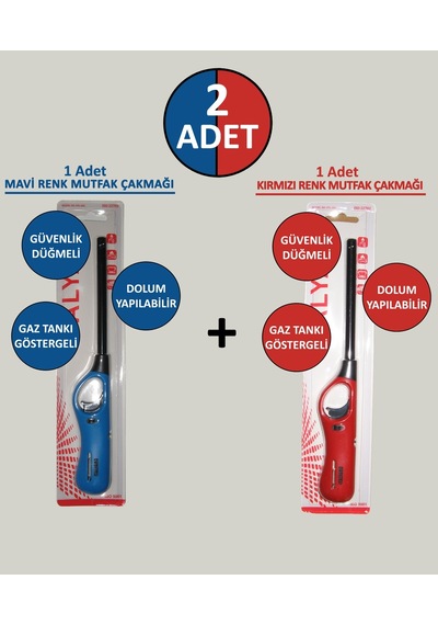 2 Adet Mavi Kırmızı Doldurulabilir Mutfak Çakmağı Ocak Kamp İçin Uzun Mangal Çakmak