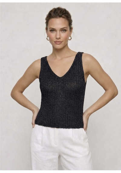 Neden Tekstil Twist Knot Detaylı Premium Kadın Triko Bluz V Yaka Örgü Dokulu Şık Crop Tasarım - Siyah