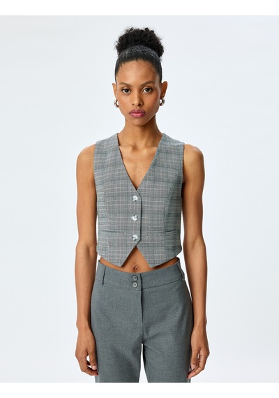 Koton V Yaka Viskon Karışımlı Cepli Slim Fit Ekose Kolsuz Crop Yelek Gri Ekose 5sak20086ew Gri Ekoseli Gri