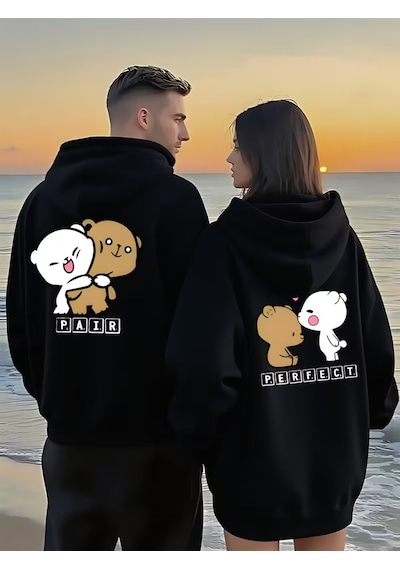 Nevermind Sevgili Kombin Hoodie Çift Sweatshirt Çiftlere Özel Ayıcık Bask Siyah