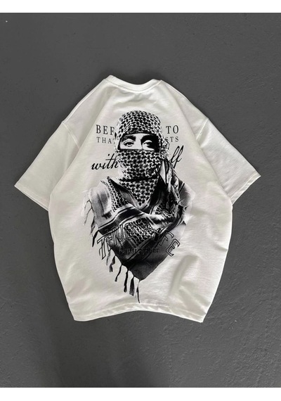 Kadın Kısa Kol Tişört Bisiklet Yaka Filistin Poşülü Baskılı T-shirt - Beyaz
