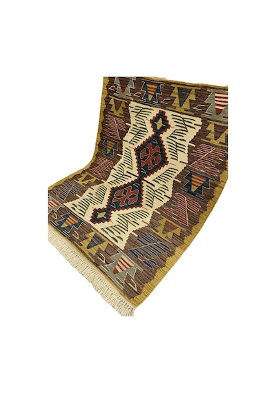 El Dokuma Uşak Kilimi 94x123 Krem Kahve Kök Boya %100 Yün Kilim